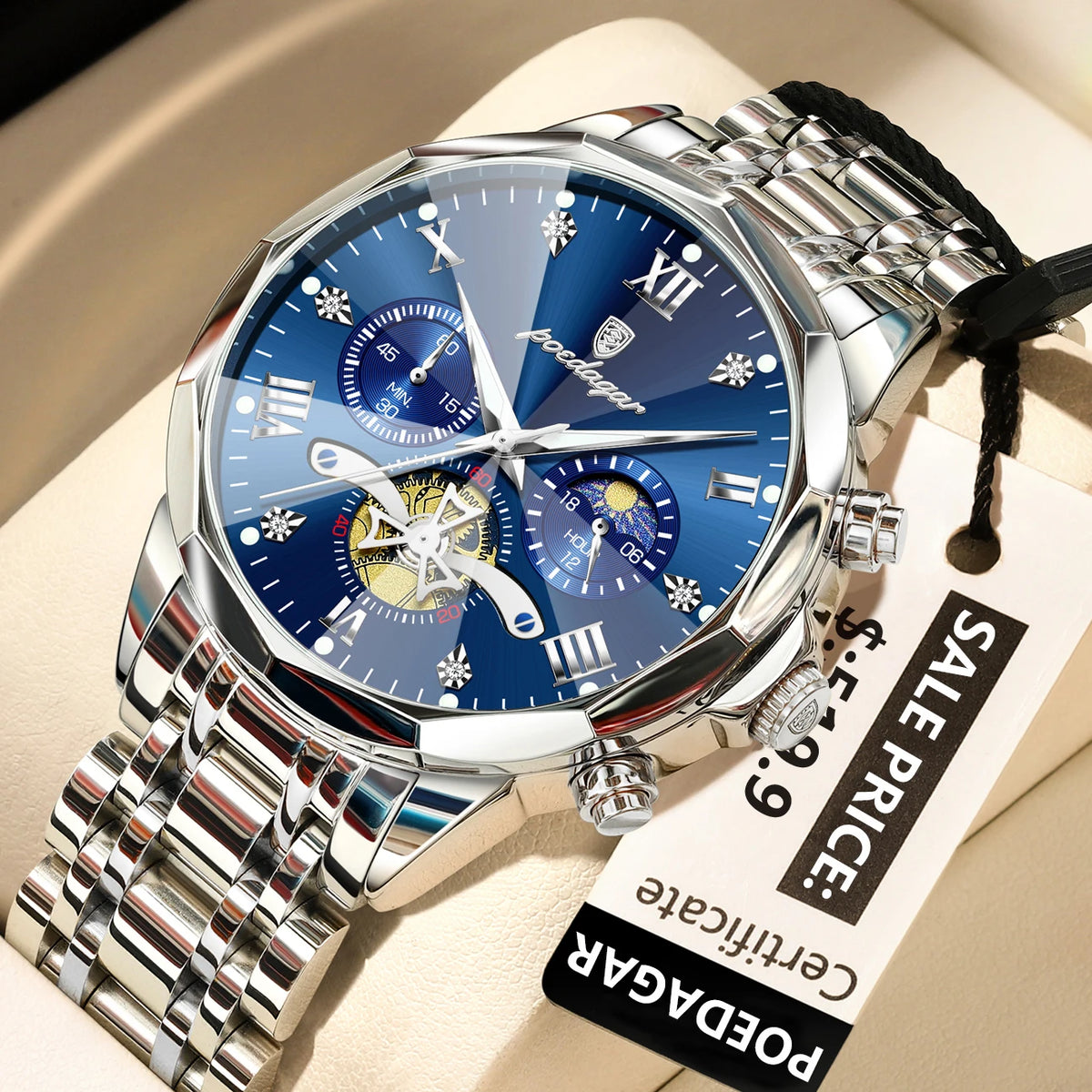 Montre homme de luxe POEDAGAR, chronographe lumineux étanche, en acier inoxydable, à quartz.