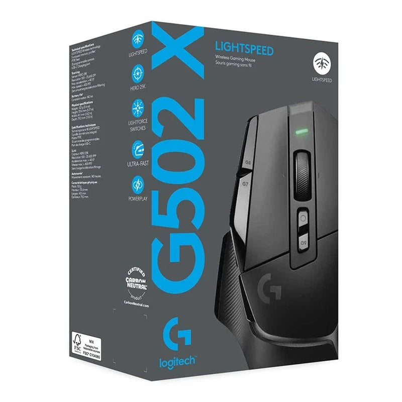 Ratón gaming inalámbrico Logitech G502 X Lightspeed con interruptores híbridos óptico-mecánicos LIGHTFORCE, sensor gaming HERO 25K, compatible, nuevo