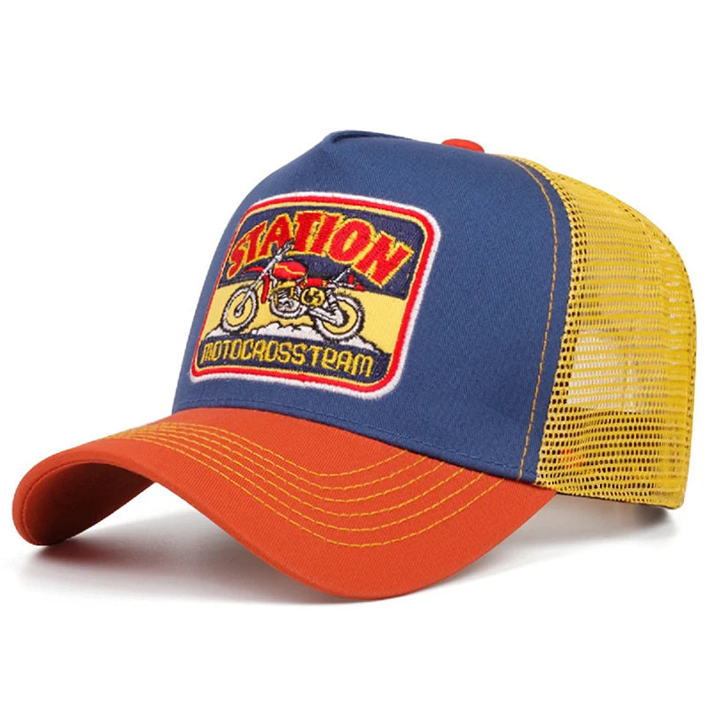 2025 New Truck Hat STATION Motorcycle Men's Street Skateboarding Hat Hip Hop Hat Women's Leisure Sunshade Baseball Hat Mesh Hat