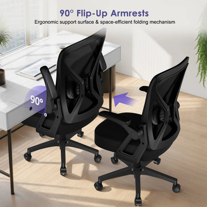 AUTHMIC Ergonomic Office Chair Mesh Back Lumbar Support Flip-Up Armrests Reclining Adjustable Height for Home Office Desk Work