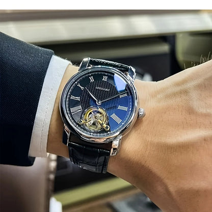 Montre mécanique automatique pour homme – Design squelette élégant, style « business casual » tendance, boîtier en alliage et bracelet en cuir, sans pile