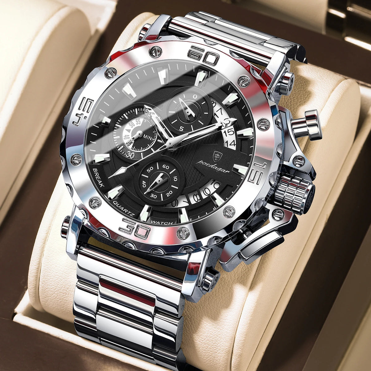 Montre homme de luxe POEDAGAR, lumineuse, étanche, chronographe, date, acier inoxydable, quartz, Reloj