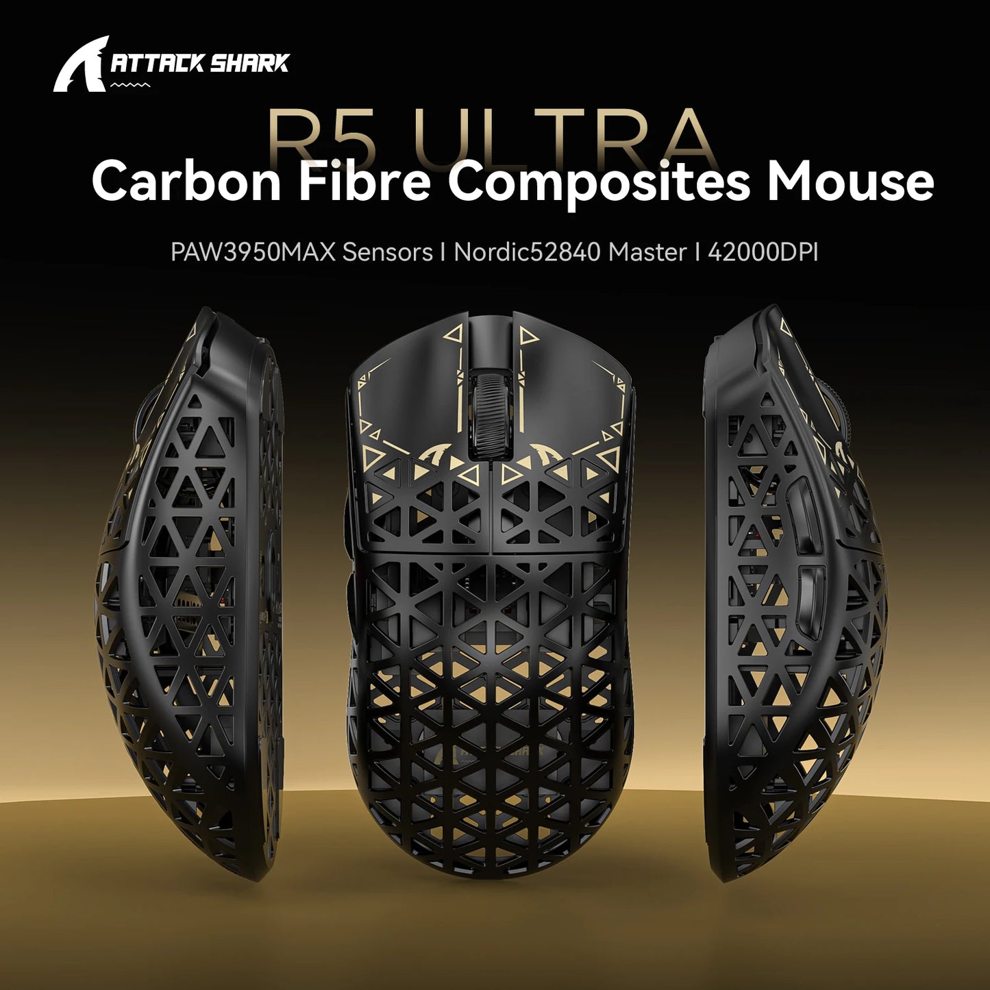 Ratón gaming inalámbrico ATTACK SHARK R5 ULTRA - sondeo 8K, sensor PAW3950MAX, 42,000 DPI, fibra de carbono ultraligera para esports profesionales