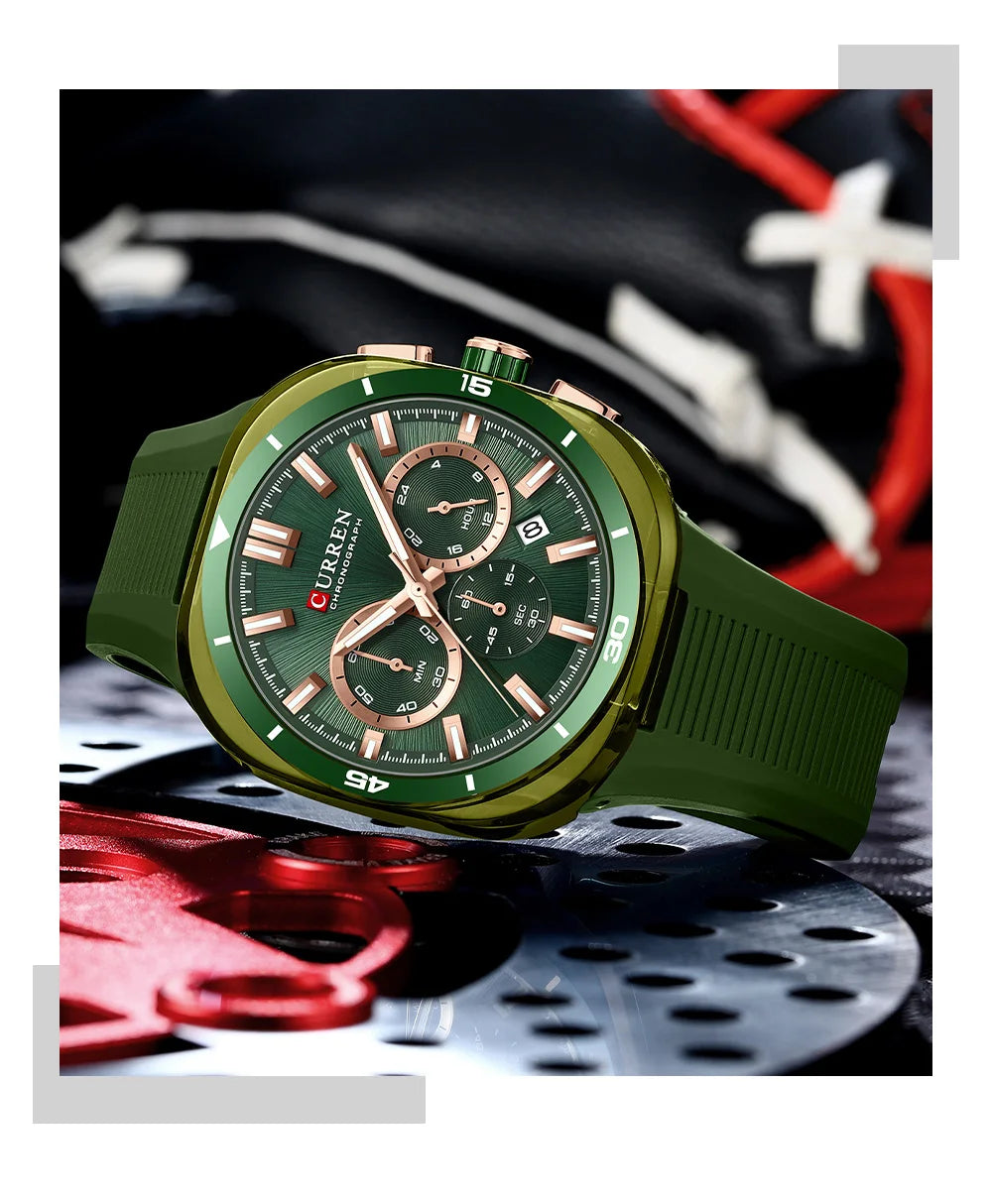Reloj para hombre CURREN: nuevo modelo de lujo con mecanismo de cuarzo, correa de silicona, estilo deportivo, multifunción, resistente al agua, luminiscente, con indicador de fecha y cronómetro.