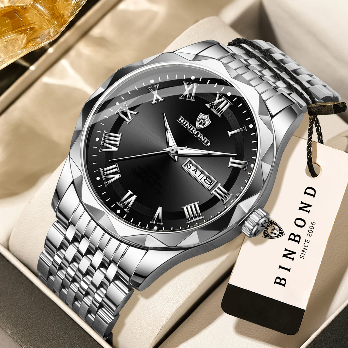 BINBOND Original Brand luxury quartz wristwatch for men, luminous, water-resistant, automatic date, day-of-the-week display, casual style.