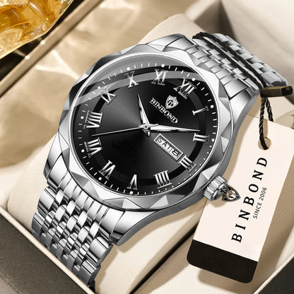 BINBOND Original Brand luxury quartz wristwatch for men, luminous, water-resistant, automatic date, day-of-the-week display, casual style.