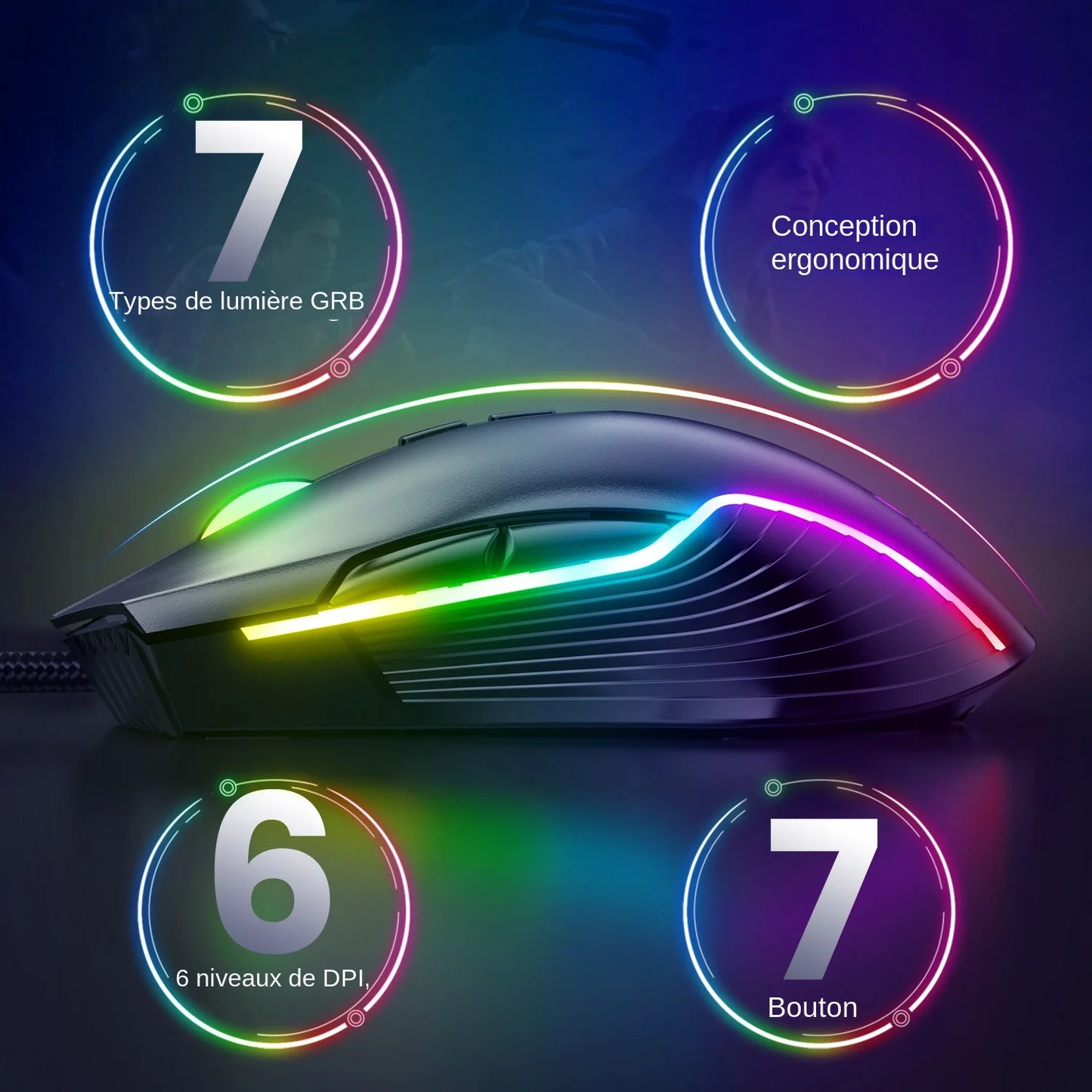 Drátová herní myš ONIKUMA, 6 úrovní nastavení, 6400 DPI, 7 programovatelných tlačítek, 7 režimů RGB osvětlení, ergonomická myš pro PC hráče