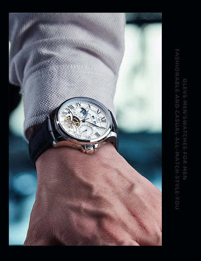 OLEVS 7013 Men’s Automatic Mechanical Watch Moon Phase, Roman Numeral Dial, Skeleton Flywheel, Luminous & 30M Waterproof