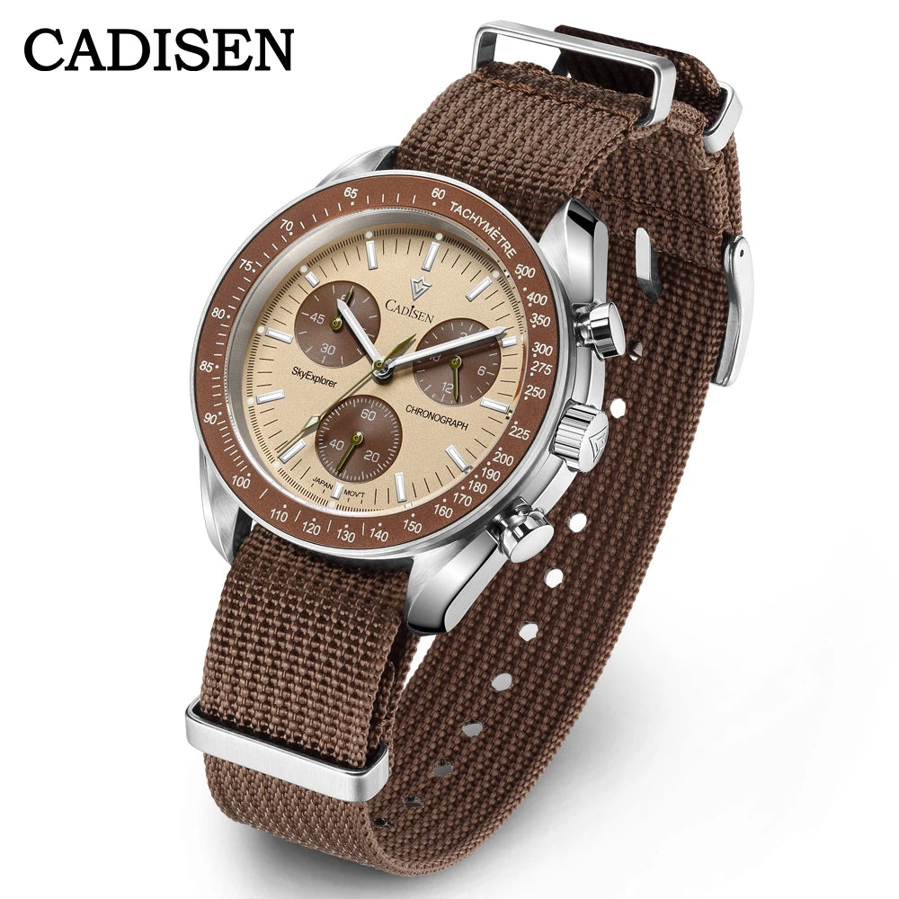 CADISEN Új férfi karórák Luxus kvarc karóra férfiaknak Zafír AR bevonatú üveg Vászon VK68 Speed Chronograph Automatikus
