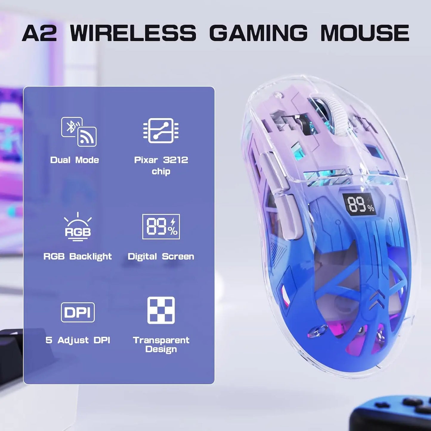 A2 transparent trådløs gamingmus, BT 5.0/2.4G genopladelig RGB-mus til PC med digital skærm, PixArt 3212, 5 justerbare DPI