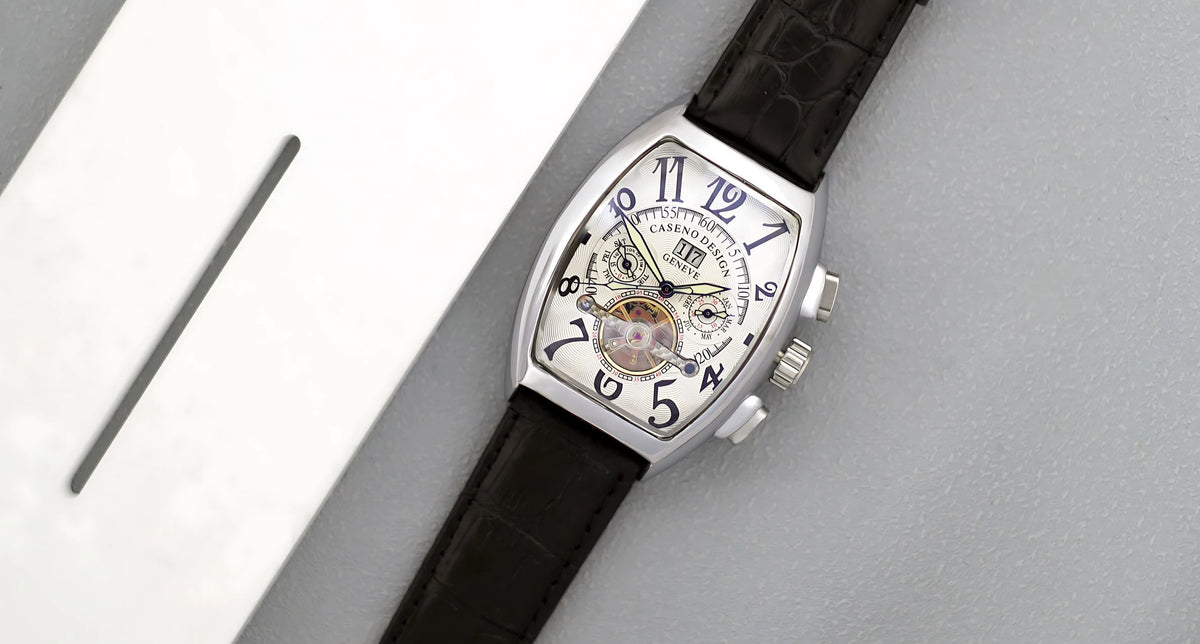 CASENO csúcsminőségű luxusmárka férfi teljesen automatikus mechanikus tourbillon karóra naptárral, éjszakai világítással, tonneau alakú, áttört karóra -577G