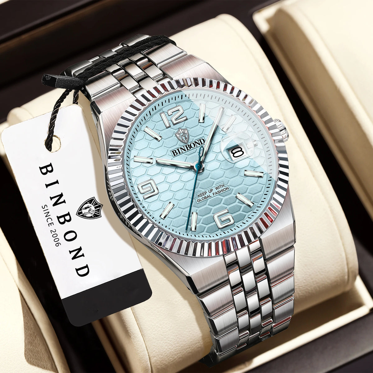 Reloj de pulsera de cuarzo de lujo BINBOND, luminiscente, resistente al agua, con fecha automática, para hombre, de acero, estilo ejecutivo, deportivo, moderno y desenfadado.