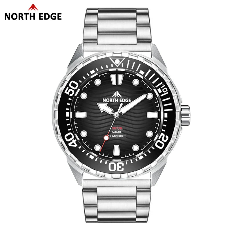 NORTH EDGE NEW+ TRITON-TI titán napelemes búváróra, luxus kvarc karóra férfiaknak, 300 m vízállóság, 180+ napos üzemidő