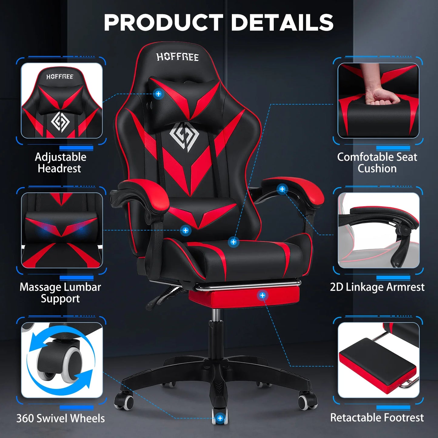 400Lbs Load Gaming Chair with Massage Ergonomic Computer Chair Footrest and Lumbar Support Reclining PC Chair Adjust Armrest
