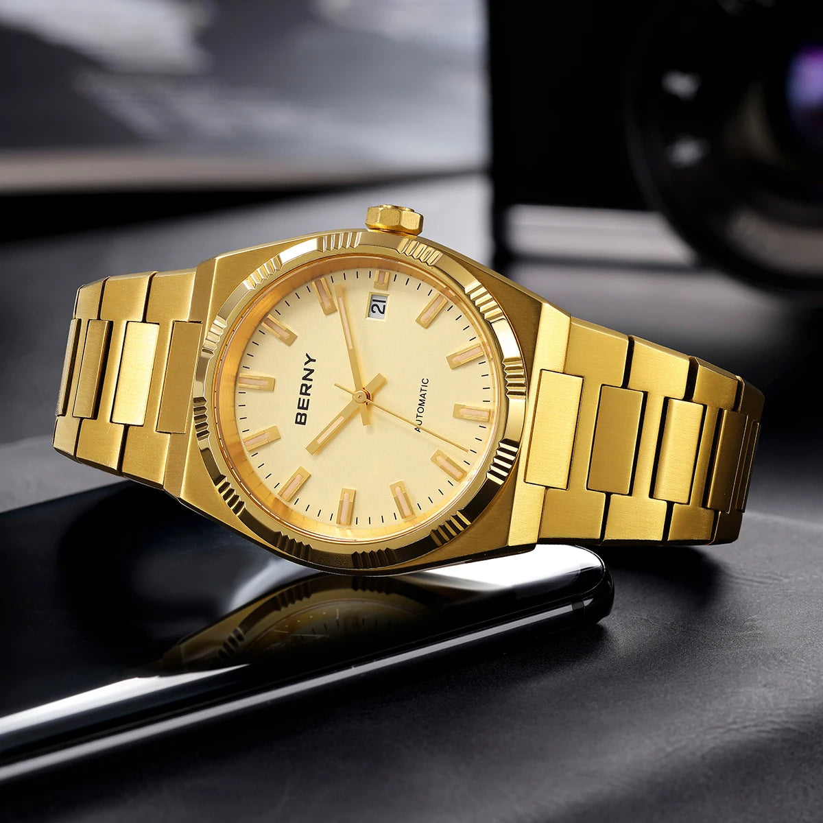 BERNY men’s automatic watch, gold-coloured, sapphire crystal, luminescent hands, 100% genuine, fitted with a PT5000 movement, anti-reflective coating, luxury model with interchangeable bezel, water-resistant to 5 ATM.
