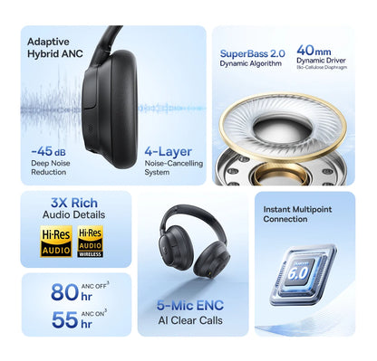 Baseus Bass EH10 NC Wireless Headphones Bluetooth 6.0 Noise Canceling 45dB Over Ear Headset Spatial Audio Earphone 80H Time