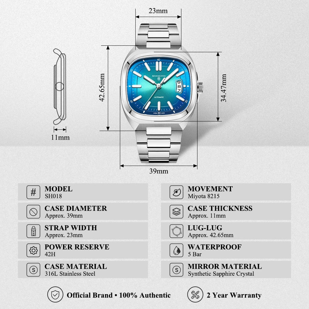 Shanghai Watch automatikus mechanikus, négyzet alakú számlapos férfi karóra, világító, 50 m-ig vízálló, dátumkijelzős, alkalmi karóra SH018