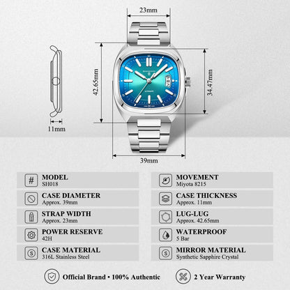 Shanghai Watch automatikus mechanikus, négyzet alakú számlapos férfi karóra, világító, 50 m-ig vízálló, dátumkijelzős, alkalmi karóra SH018
