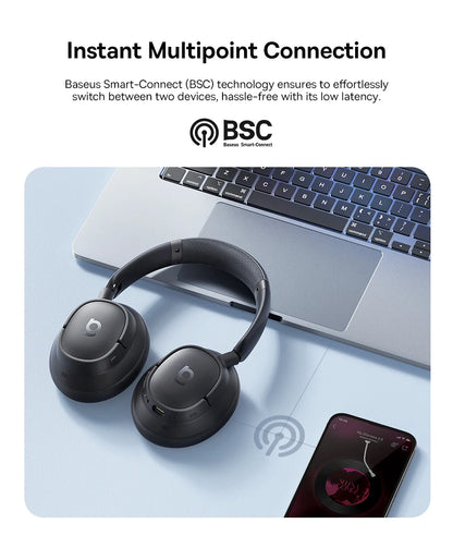 Baseus Bass EH10 NC Wireless Headphones Bluetooth 6.0 Noise Canceling 45dB Over Ear Headset Spatial Audio Earphone 80H Time