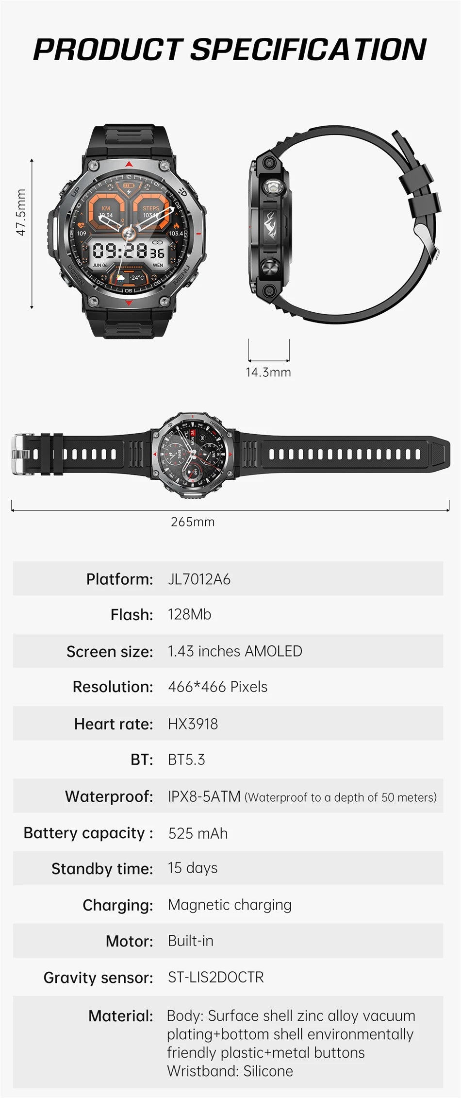 T-Rex 3 Military Smartwatch for Men  GPS Sports Tracker, 5ATM Waterproof, Heart Rate Monitor & Bluetooth Calling