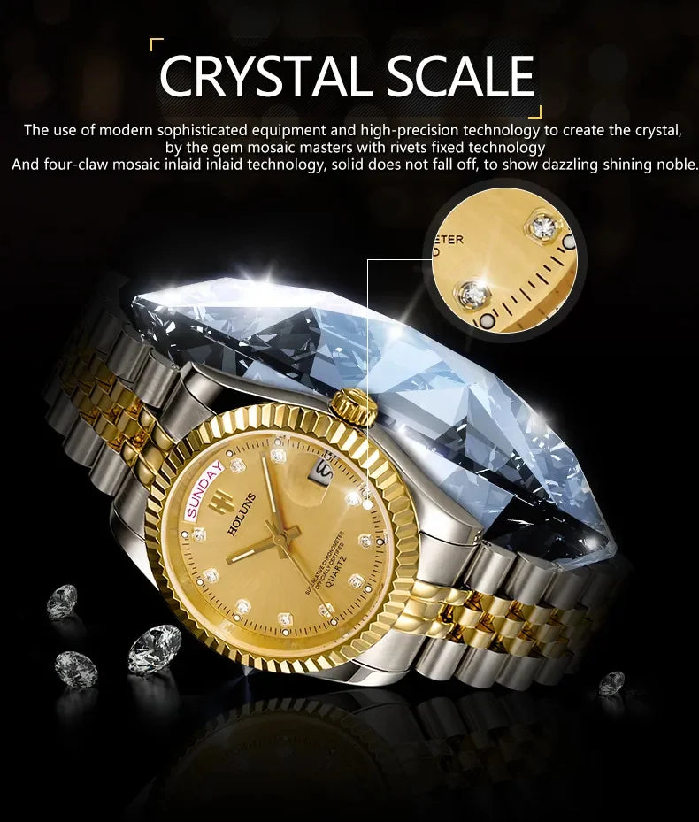 Holuns Luxury Classic 36/41 mm-es arany férfi karóra, japán MIYOTA kvarc szerkezet, rozsdamentes acél, klasszikus üzleti karóra, vízálló