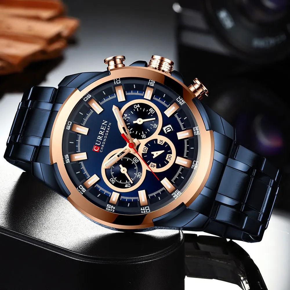 CURREN men’s chronograph watch, large 48 mm dial, stainless steel bracelet, three sub-dials, quartz sports wristwatch, luxurious style