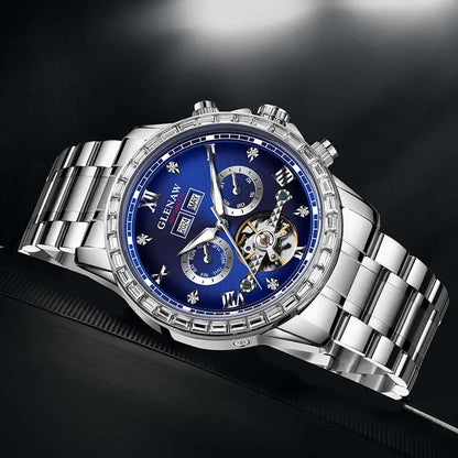 Relógio mecânico multifunções GLENAW – Modelo para homem, estilo empresarial e casual, bracelete em aço inoxidável, estanque, com calendário – Relógio de luxo