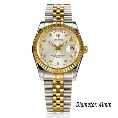 Holuns Luxury Classic 36/41 mm-es arany férfi karóra, japán MIYOTA kvarc szerkezet, rozsdamentes acél, klasszikus üzleti karóra, vízálló