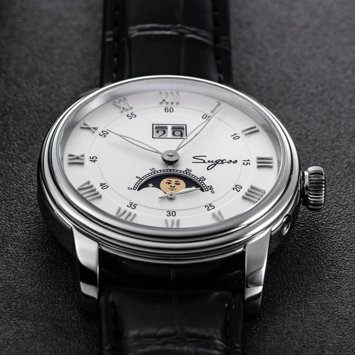 Sugess Moonphase Watch of Men 40mm Automatic Mechanical Wristwatches Seagul ST2528 Movement Stainless Steel Blue Sandstone Dial