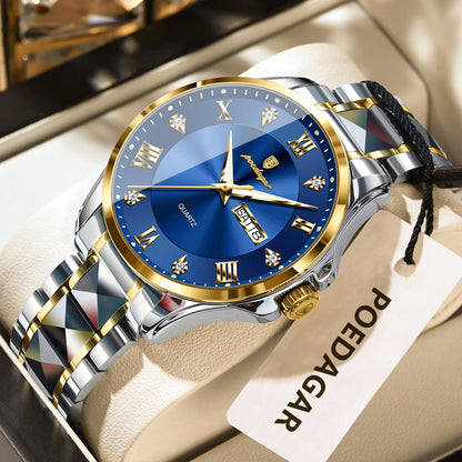 Montre pour homme POEDAGAR, modèle de luxe original, étanche, lumineuse, avec affichage de la date et du jour, style élégant, boîtier en acier inoxydable, mouvement à quartz, idéale pour le travail.