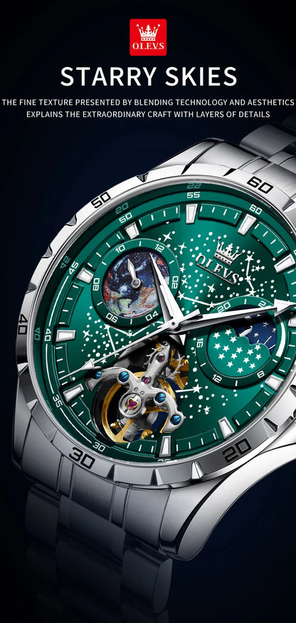 OLEVS Men’s Flywheel Skeleton Automatic Watch Starry Sky Dial, Luminous Mechanical Movement & Waterproof Business Wristwatch