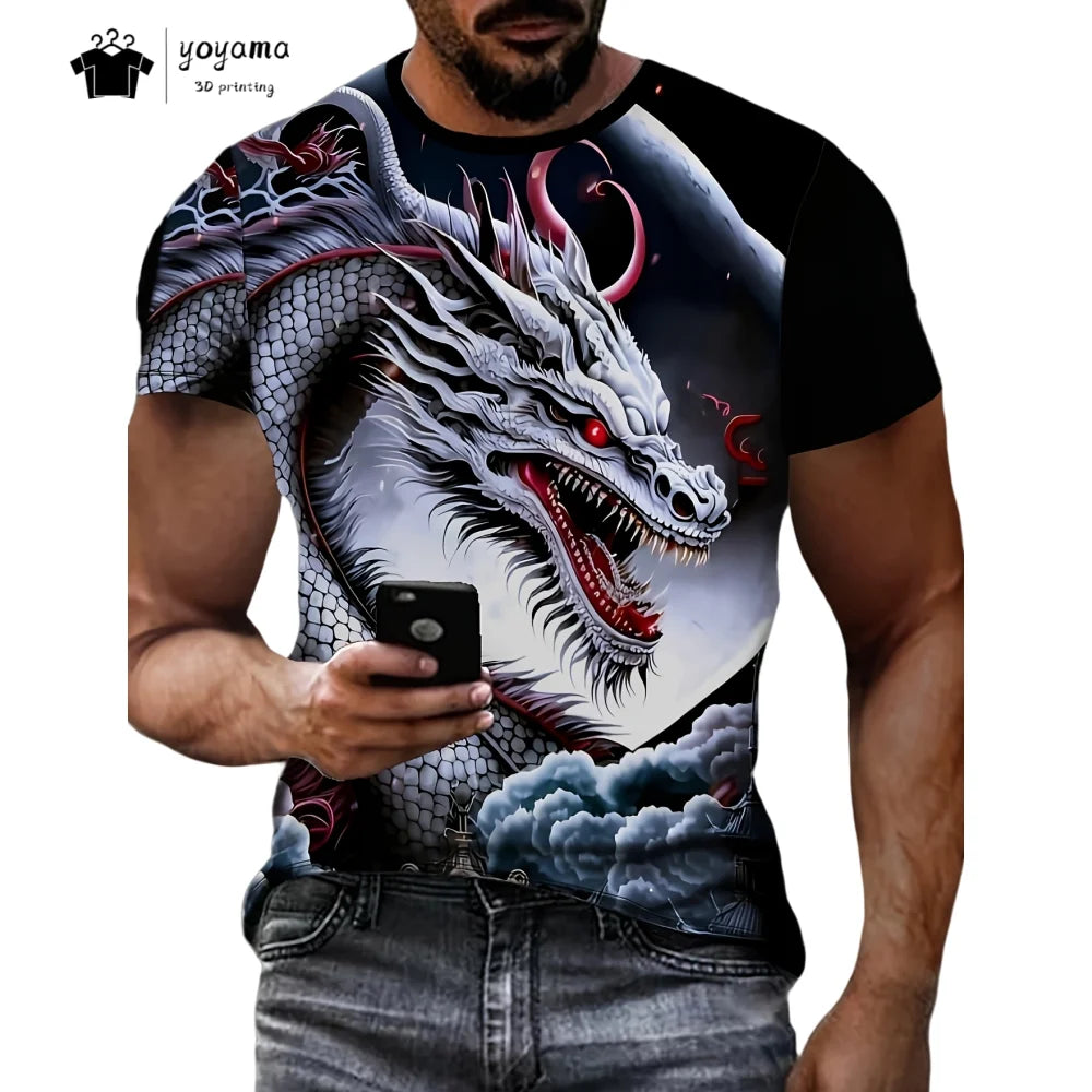 Herren-T-Shirt mit Drachenmuster, kurzärmeliges Fashion-Streetwear-Shirt, Rundhals-Top mit trendigem 3D-Tierprint, locker und vielseitig, Herrenbekleidung