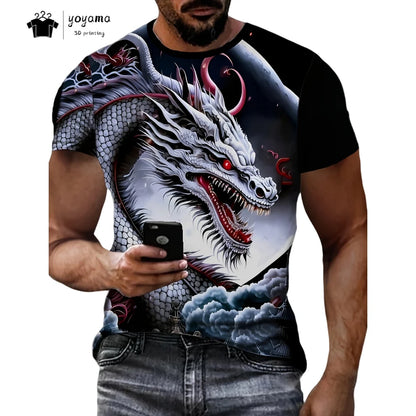 Herren-T-Shirt mit Drachenmuster, kurzärmeliges Fashion-Streetwear-Shirt, Rundhals-Top mit trendigem 3D-Tierprint, locker und vielseitig, Herrenbekleidung