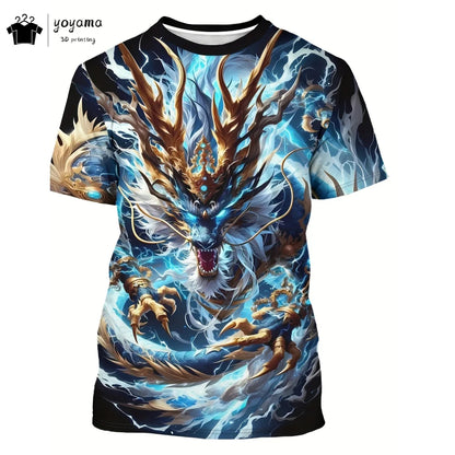 Herren-T-Shirt mit Drachenmuster, kurzärmeliges Fashion-Streetwear-Shirt, Rundhals-Top mit trendigem 3D-Tierprint, locker und vielseitig, Herrenbekleidung