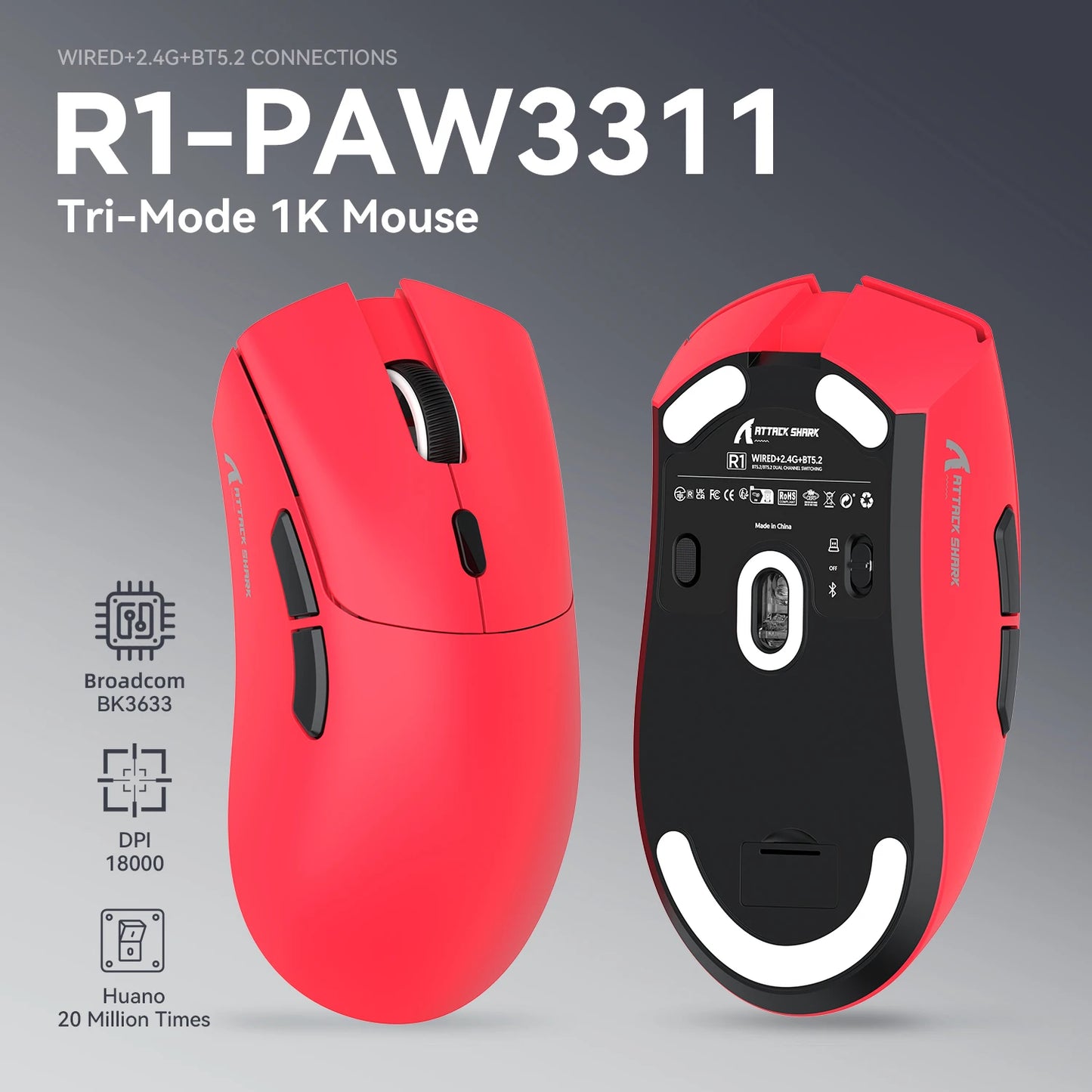 ATTACK SHARK R1 tri-mode gamingmus, PixArt PAW3311-sensor, 18000 DPI, 1000hz, 59g ultralet til store hænder, til PC/Mac