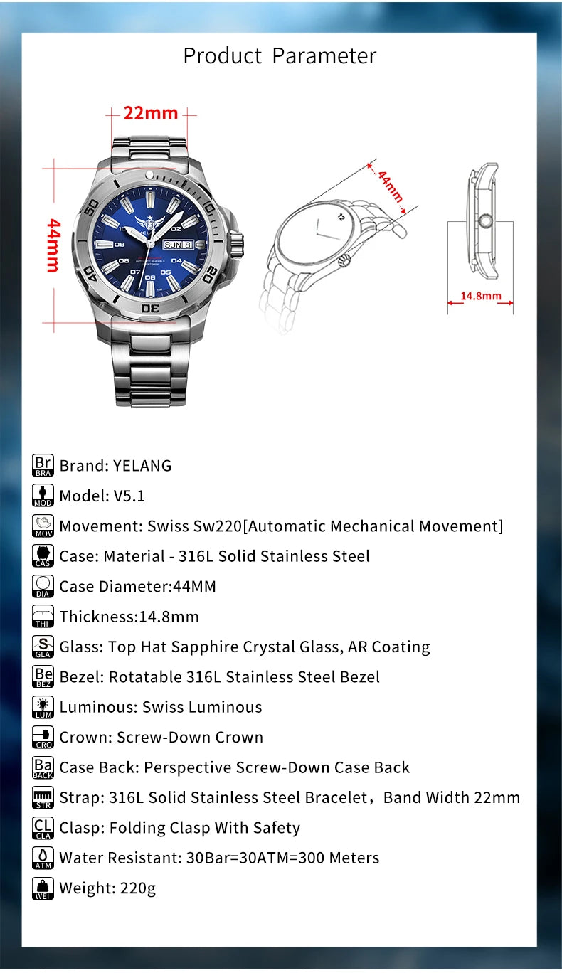 Yelang V5.1 Men's Watch 44mm Super Dive 300M Professional Waterproof SW220 Movement Luxury Automatic Mechanical Watch for Men