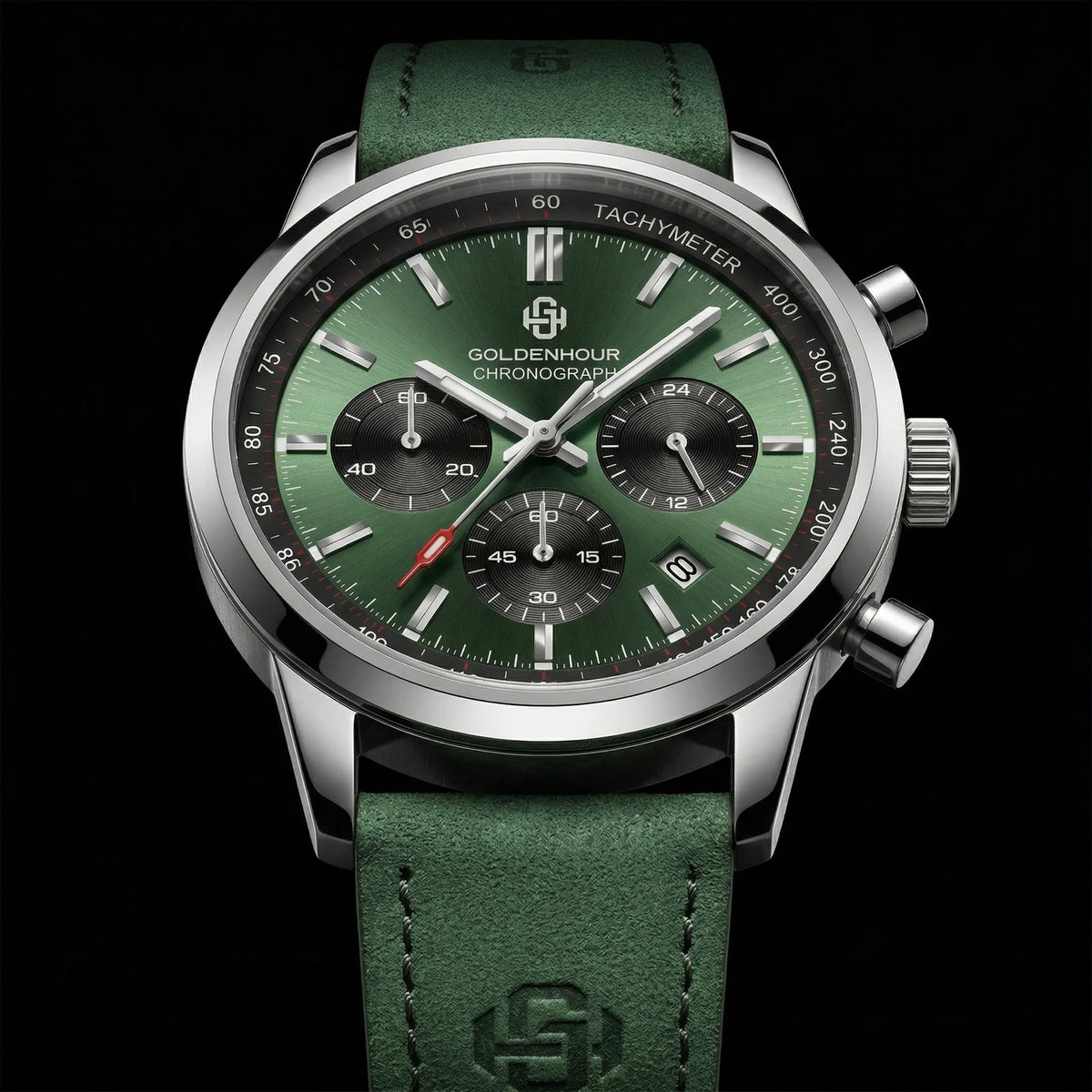 Montre de luxe pour homme GOLDENHOUR – Chronographe à quartz, cadran vert, bracelet en cuir, étanche, luminescente, style militaire et sportif