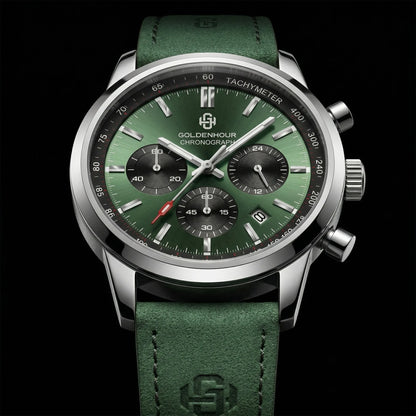 Montre de luxe pour homme GOLDENHOUR – Chronographe à quartz, cadran vert, bracelet en cuir, étanche, luminescente, style militaire et sportif