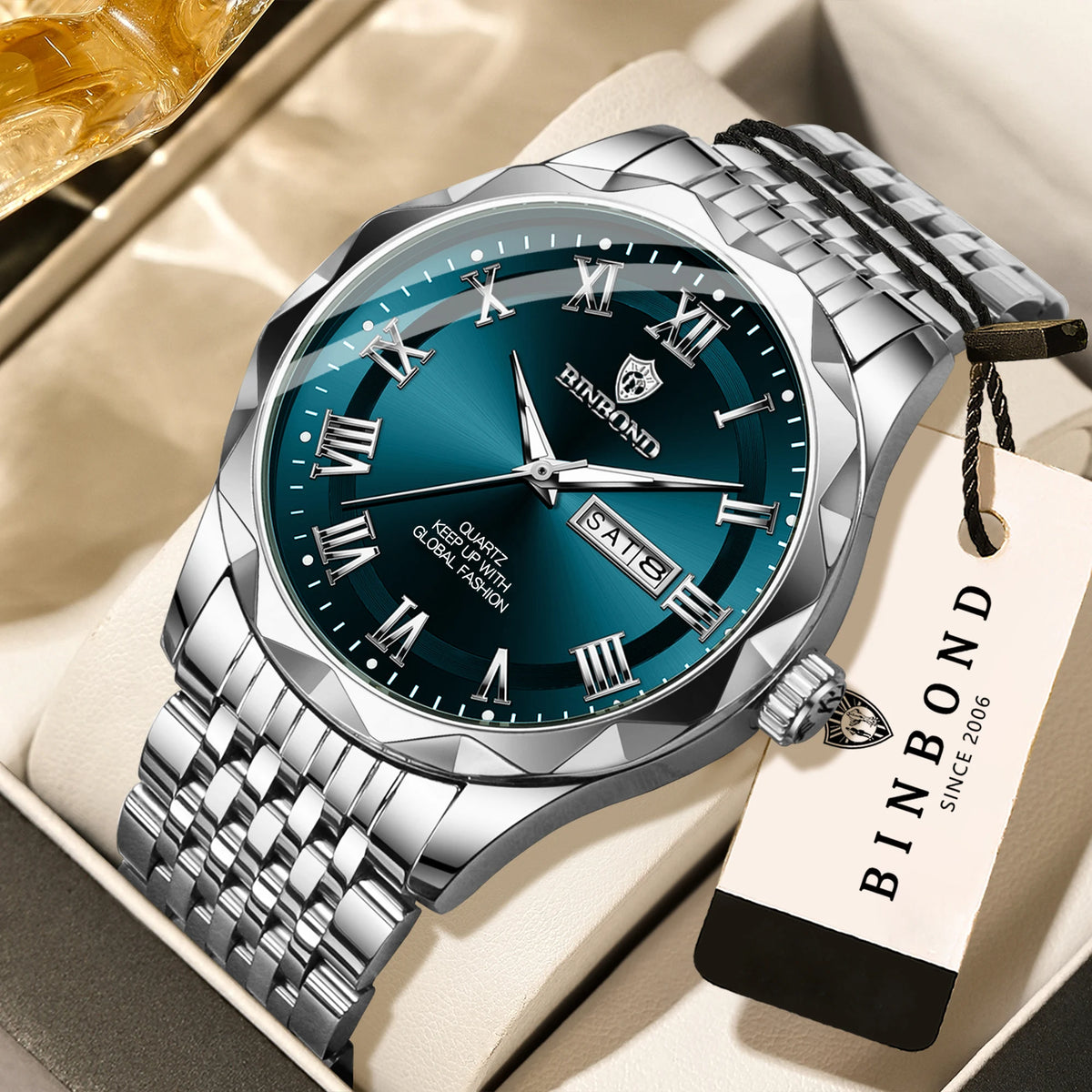 BINBOND Original Brand luxury quartz wristwatch for men, luminous, water-resistant, automatic date, day-of-the-week display, casual style.