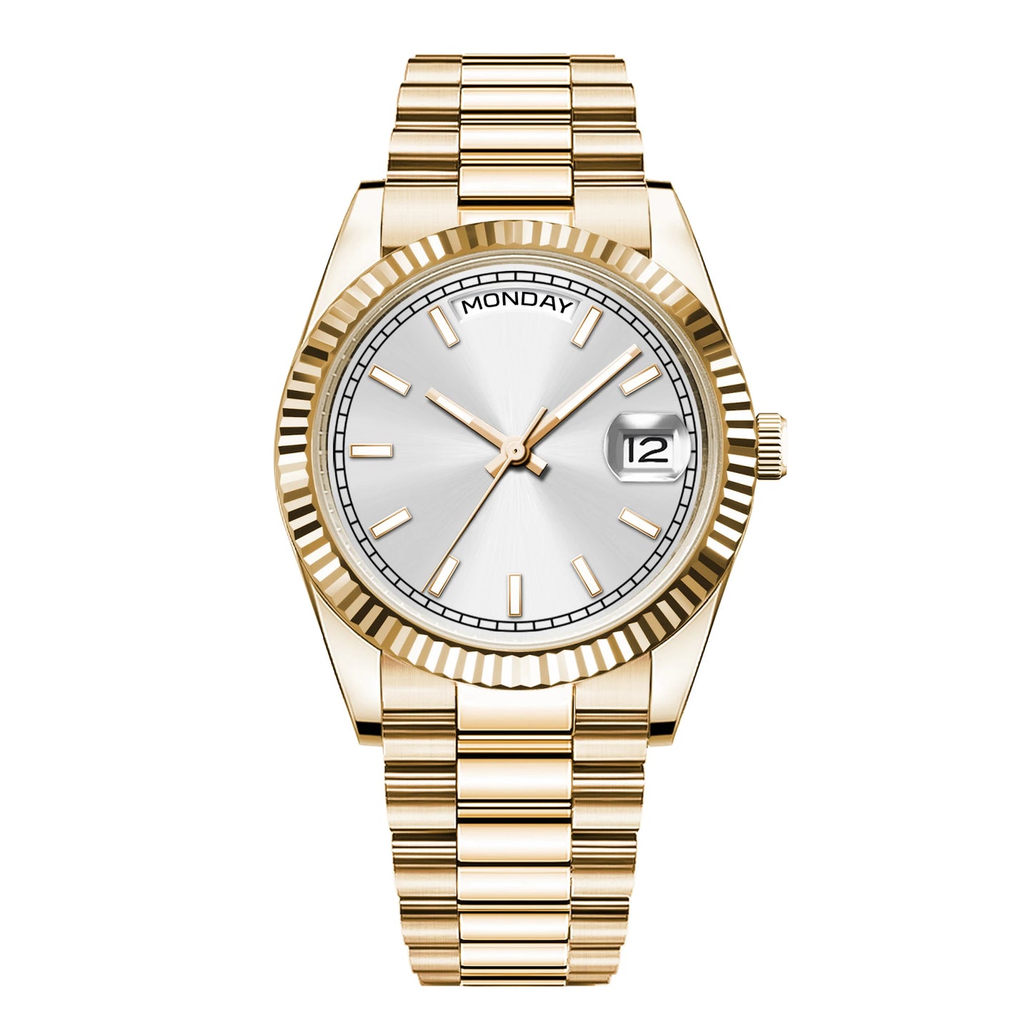 Reloj mecánico CORGEUT NH36 para hombre con indicador de día y fecha, brazalete President, caja de acero, bisel arqueado roscado, waterp