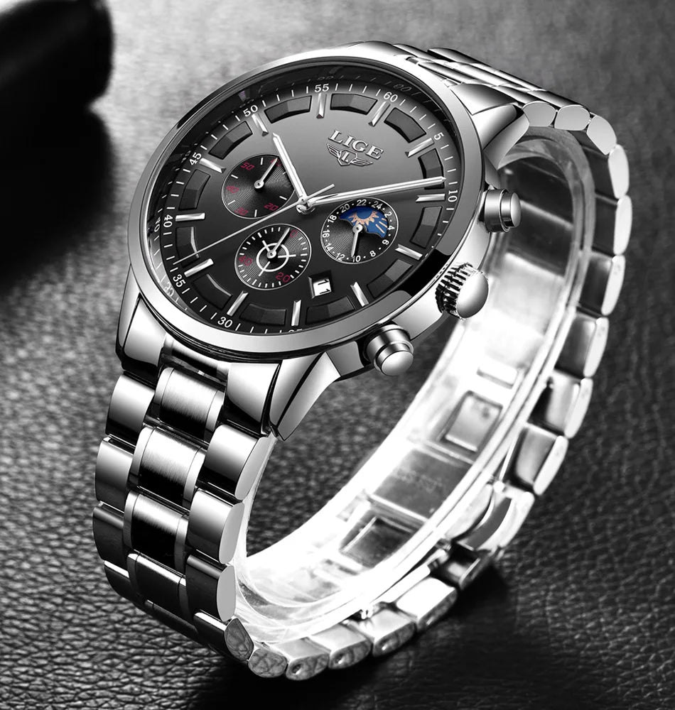 LIGE Men’s Watch – Luxury quartz chronograph, water-resistant (3 bar), with luminescent hands – Gift idea (box included)