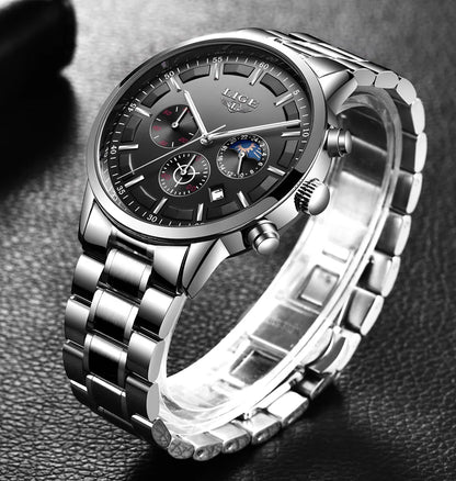 LIGE Men’s Watch – Luxury quartz chronograph, water-resistant (3 bar), with luminescent hands – Gift idea (box included)