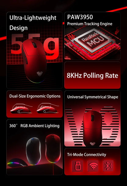 Aula V9 Ultra trådløs e-sports gamingmus Double 8k 3mode PAW 3950 8k 55g let ergonomisk mus tilpasset PC-tilbehør