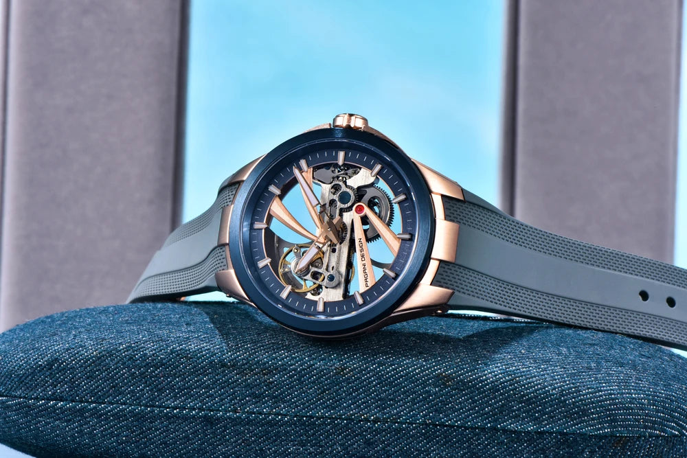 PAGANI DESIGN men’s watch – Luxury automatic mechanical model, ‘skeleton’ (open-heart) style, featuring a tourbillon, sapphire crystal with anti-reflective coating, water-resistant and luminescent.