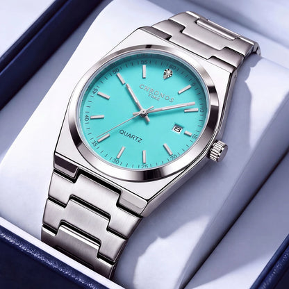 Montre à quartz pour homme CHRONOS – Bracelet en acier inoxydable, étanche, aiguilles luminescentes, affichage de la date – Idéale pour le travail, le sport ou au quotidien