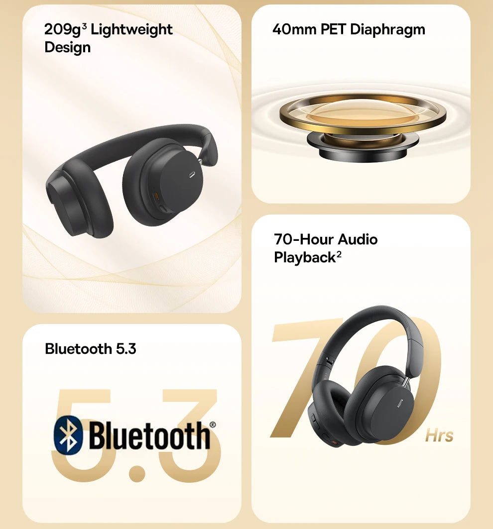 Baseus kabellose Bluetooth 5.3 Over-Ear-Kopfhörer – HiFi-40mm-Treiber, faltbares Headset mit 70H Wiedergabezeit und Spatial Audio