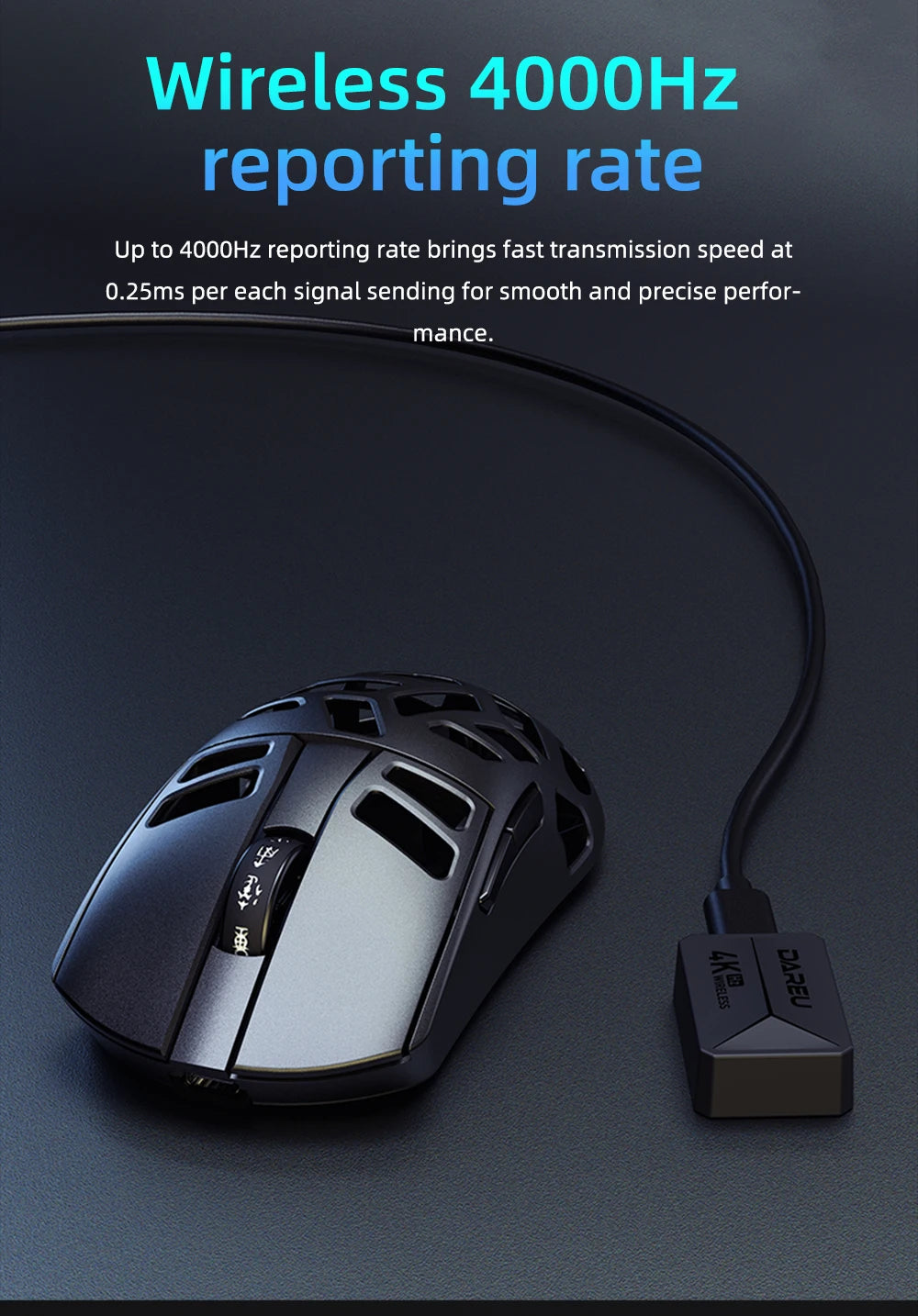 DAREU Al-mg Tri-mode 8Khz PBT bezdrátová herní myš s rychlým nabíjením PAW3950 30000 DPI, lehká, pro PC hráče