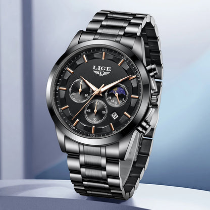 LIGE Men’s Watch – Luxury quartz chronograph, water-resistant (3 bar), with luminescent hands