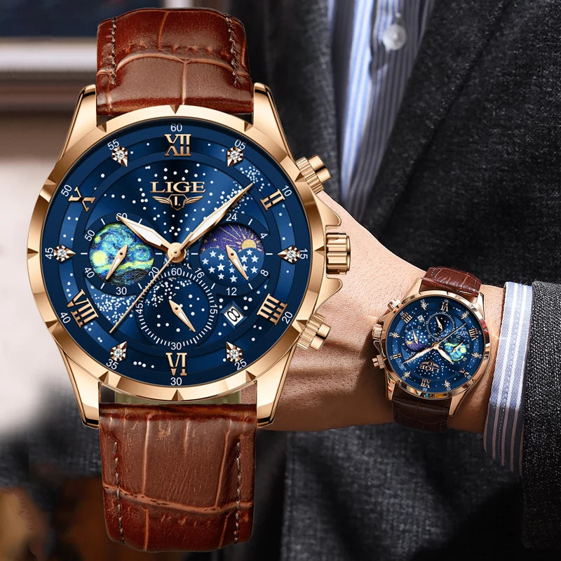 Montre pour homme LIGE – Montre à quartz de luxe, style décontracté, bracelet en cuir, idéale pour le travail ou le sport, étanche, avec date et chronographe.