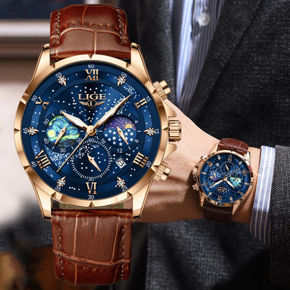 Montre pour homme LIGE – Montre à quartz de luxe, style décontracté, bracelet en cuir, idéale pour le travail ou le sport, étanche, avec date et chronographe.